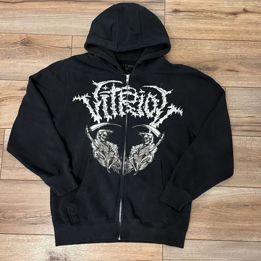 Vitriol Dual Grim Reaper Skeleton Black Grunge Zip Up Hoodie Sweatshirt Men's M